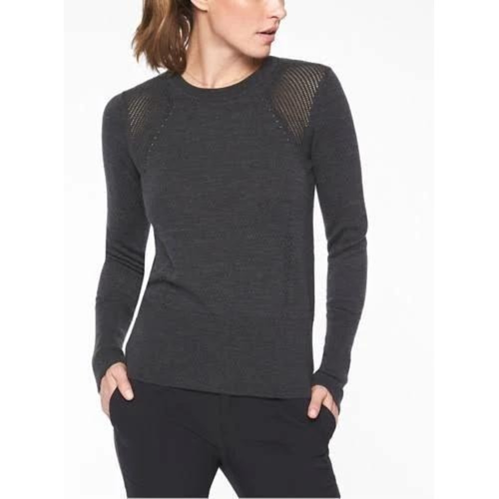 Athleta Cardinal Charcoal Gray Extra Fine Merino Wool Pointelle Mesh Sweater S
